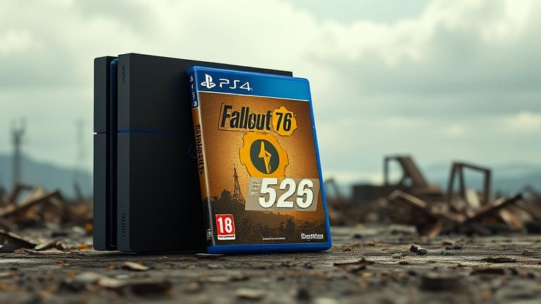 alt_text: PS4 with Fallout 76 case in a post-apocalyptic wasteland setting, showing price overlay.