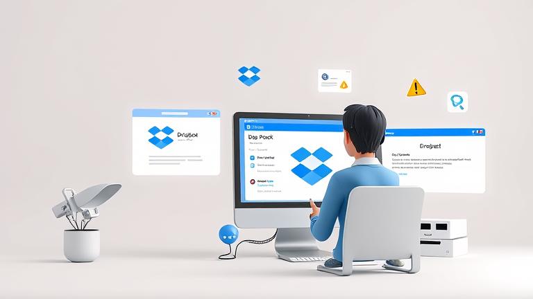 alt_text: User troubleshooting Dropbox sharing issues with icons, error symbols, and settings on screen.