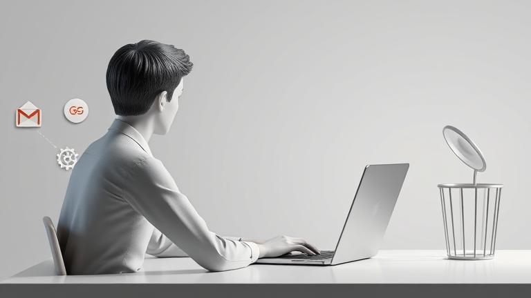 alt_text: Person at desk viewing Gmail on laptop with icons of email, settings, and trash in background.