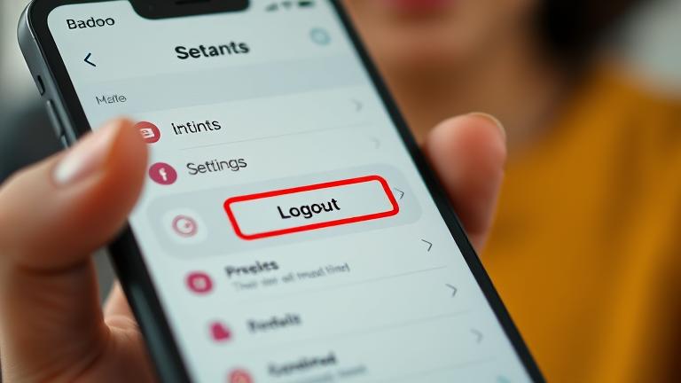 alt_text: Close-up of Badoo app on phone with logout button highlighted; person in background.