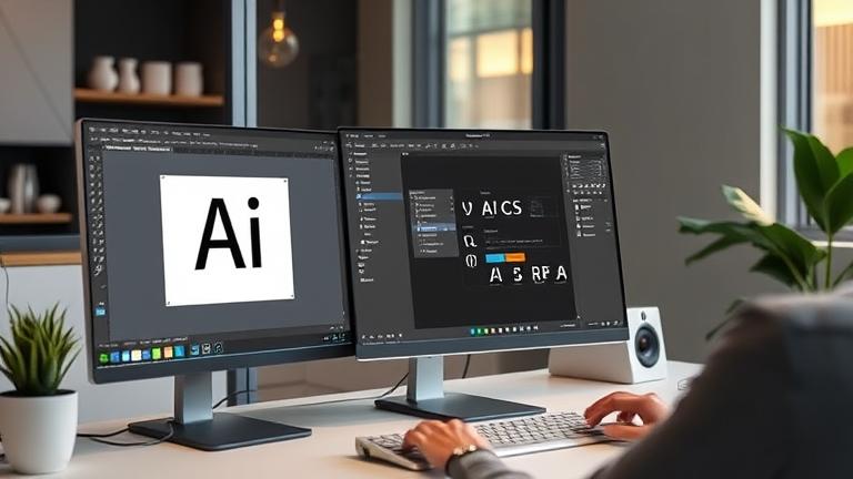 alt_text: Modern workspace with a computer showing Illustrator and special characters being inserted.