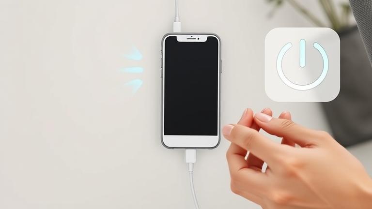iPhone charging off, with energy-saving icons and a clean, reassuring design.