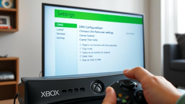 alt_text: Xbox 360 adjusting DNS settings on TV, person navigating menu in a cozy living room.
