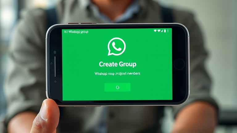 alt_text: Smartphone screen showing WhatsApp 'Create Group' option with blurred person background.