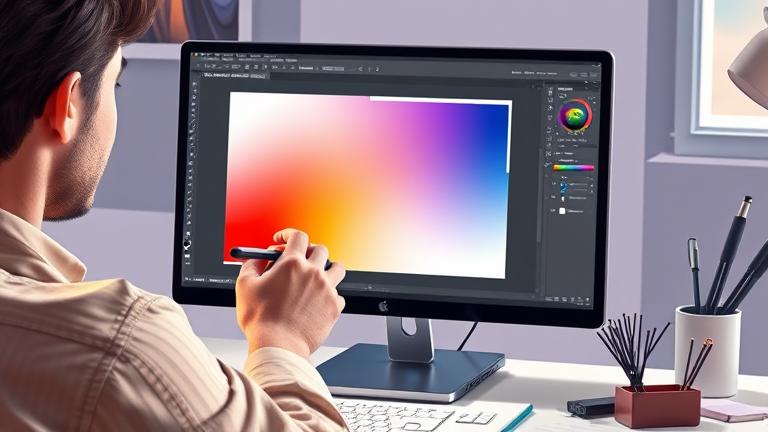 alt_text: Designer uses Illustrator with Overprint Preview on, showing color blending and focus.