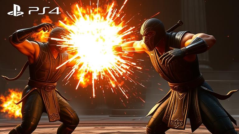 alt_text: Intense Mortal Kombat 11 scene with fierce fighter executing a crushing blow amid explosive effects.