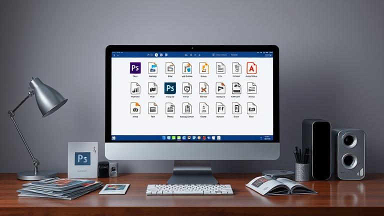 alt_text: Photoshop workspace showcasing various file formats like PSD, JPEG, PNG, TIFF, GIF, BMP, RAW.