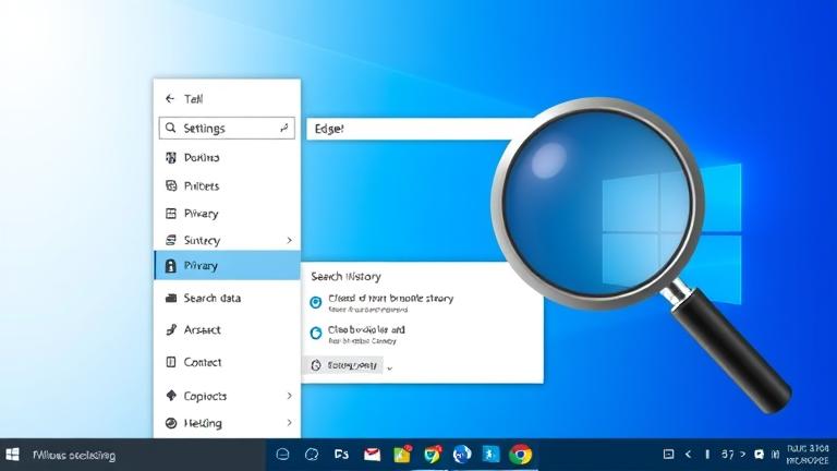 alt_text: Windows desktop with Edge settings for clearing browsing data, magnifying glass, privacy icons.