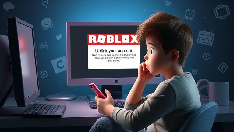 alt_text: Worried young person with Roblox logo warning, highlighting account unlinking risks.