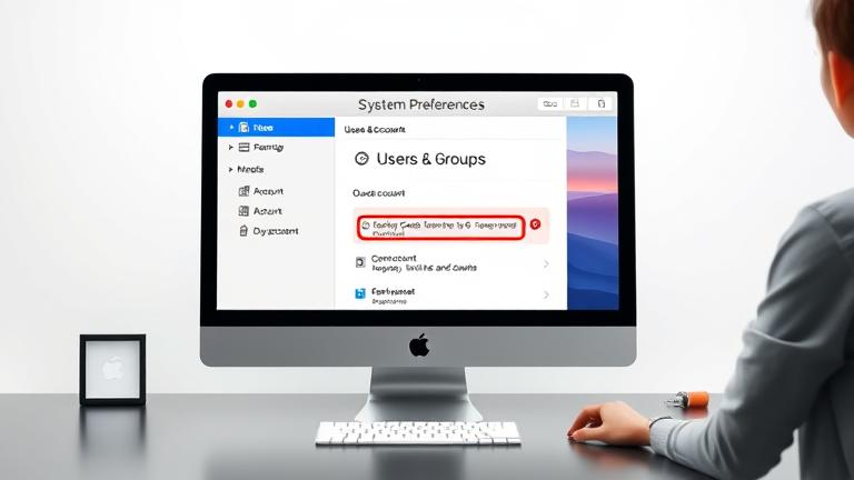 alt_text: Mac screen showing Users & Groups in System Preferences, with person managing guest account.