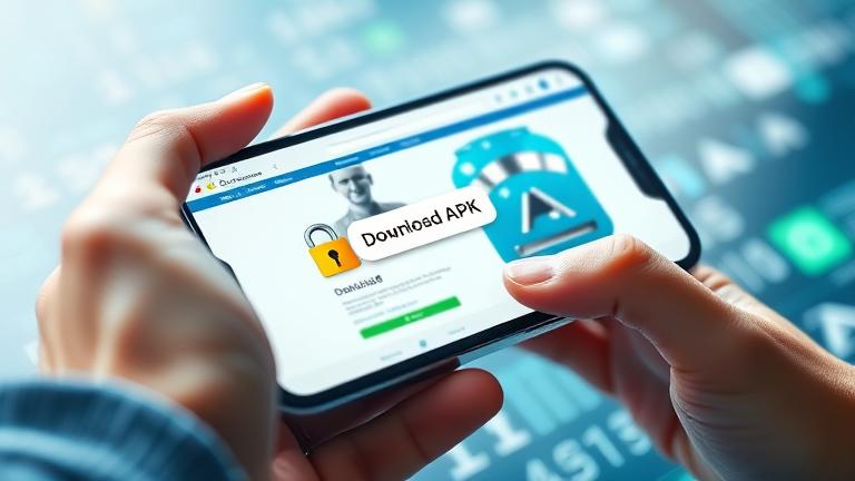 alt_text: Modern phone displaying a secure website with "Download APK" button, emphasizing safety.