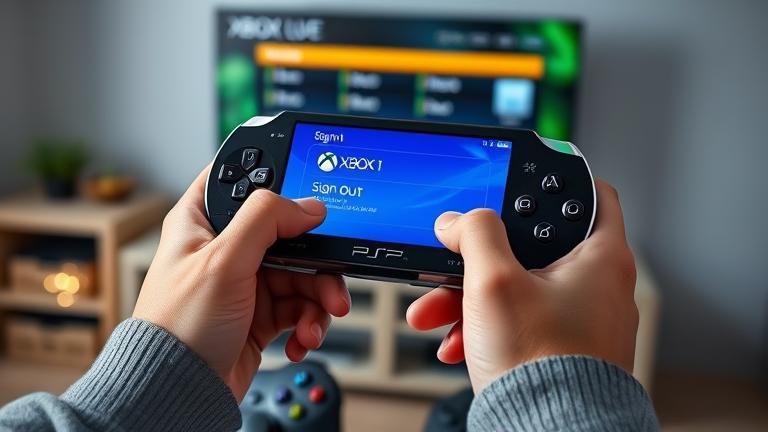alt_text: Person signs out of Xbox Live on PSP, with a cozy gaming setup background.