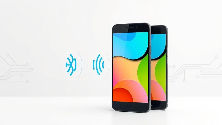 alt_text: Two Android phones connected via signals, showcasing seamless pairing in a sleek, tech-inspired scene.