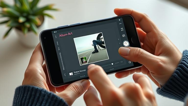 alt_text: User updates album art on Android music app with editing tools and modern background.