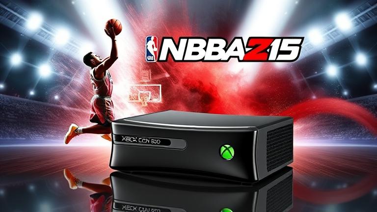 alt_text: Xbox 360 console with NBA 2K15 gameplay, dunk action, and energetic background.