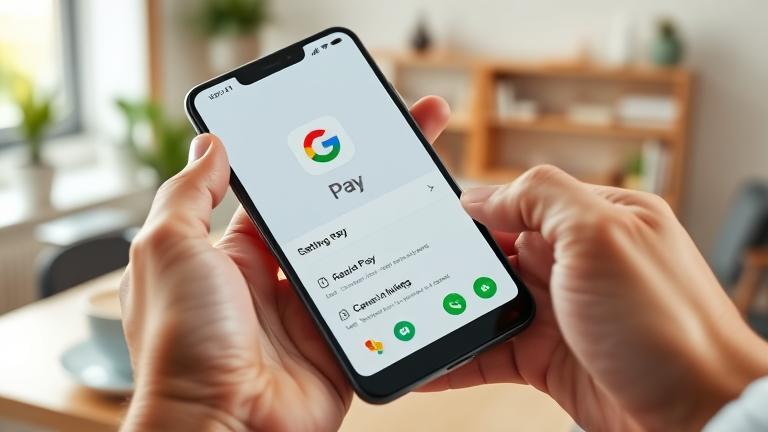 alt_text: Person in a modern setting manages Google Pay app, highlighting removal options and settings.