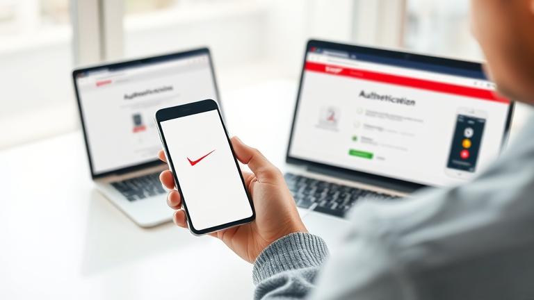 alt_text: Person authenticating a Verizon phone with a laptop showing verification steps and icons.