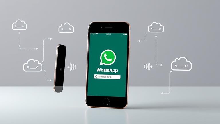 alt_text: Windows Phone restoring WhatsApp backup with backup icons, cloud, and data transfer visuals.