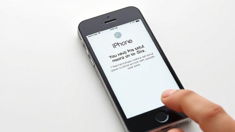 alt_text: iPhone 5 with Siri setup screen, hand tapping home button, clean modern background.