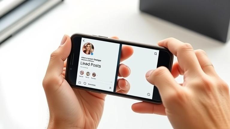 alt_text: Person viewing liked posts on Instagram with logo, heart icon, and modern background.