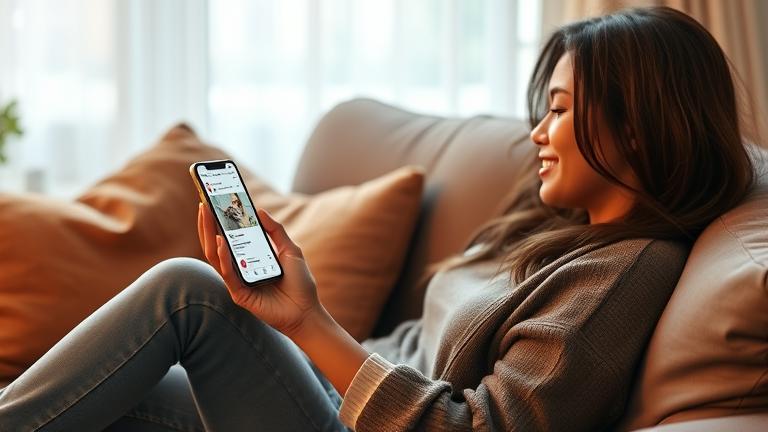 alt_text: Person relaxing with phone, muting an Instagram feed for privacy and peace of mind.