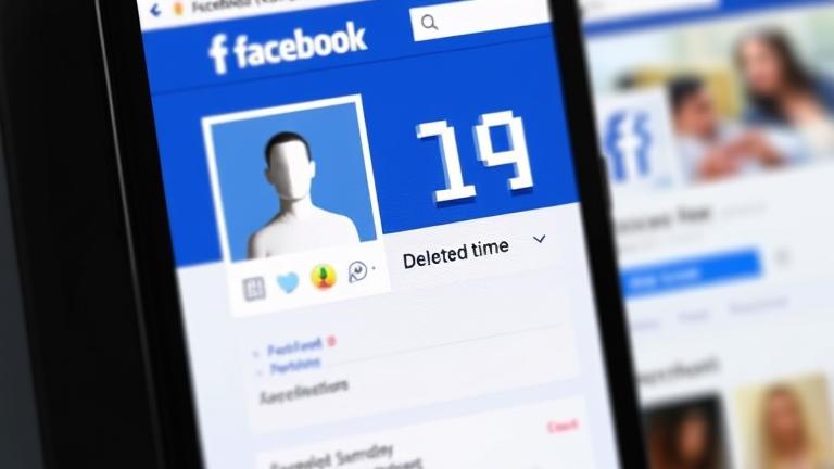 alt_text: Facebook profile on screen with countdown timer and warning icon, indicating account deletion.