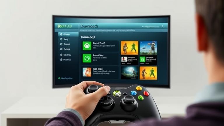 alt_text: Xbox 360 dashboard with active downloads highlighted, console and controller in view.