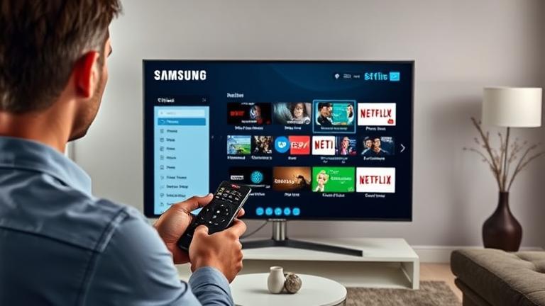 alt_text: Person using remote to uninstall Netflix on Samsung Smart TV in cozy living room.