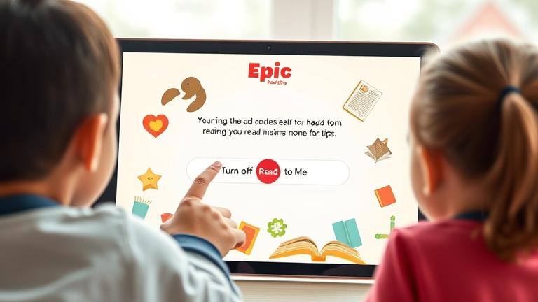 Child toggling "Read to Me" on Epic app; bright, educational, and engaging scene.