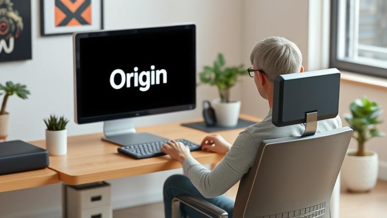 alt_text: Person at laptop with Origin logo, exploring account deletion in a modern, tech-savvy setting.