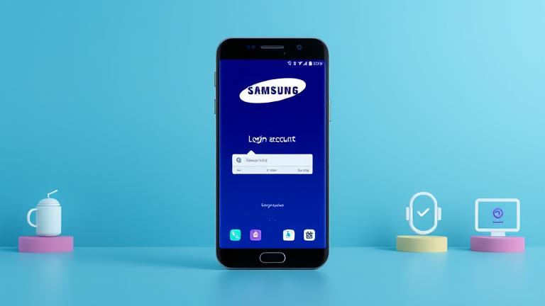 alt_text: Samsung phone login screen with logo, user entering details, and icons for security and sync.