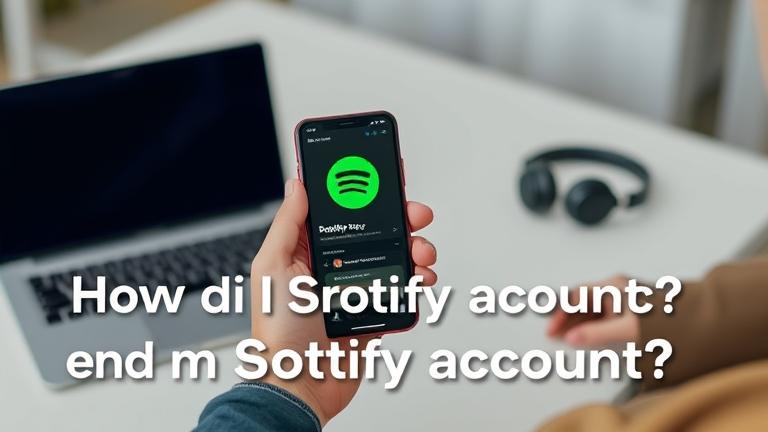 alt_text: Person with smartphone showing Spotify, workspace background, with "How do I end my Spotify account?" overlay.