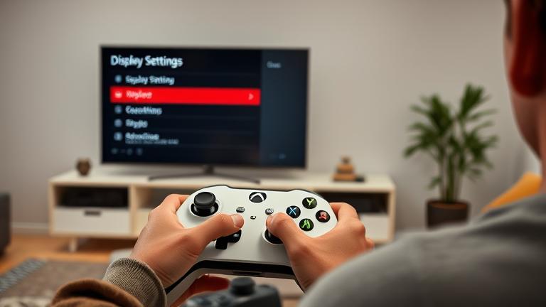 alt_text: Person resets Xbox One display settings in a well-lit living room, highlighting controller and TV menu.