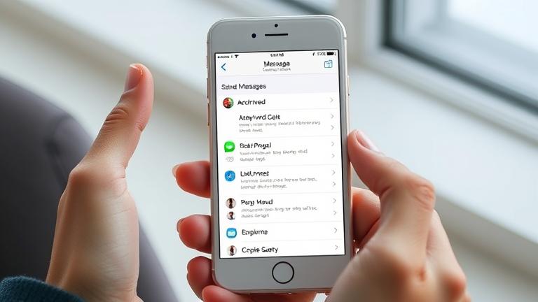 alt_text: iPhone 6 screen displaying Messages with saved chats, held in natural light for clarity.