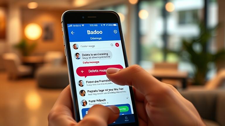 alt_text: Smartphone screen showing Badoo messaging, user deleting a message with tap and delete.