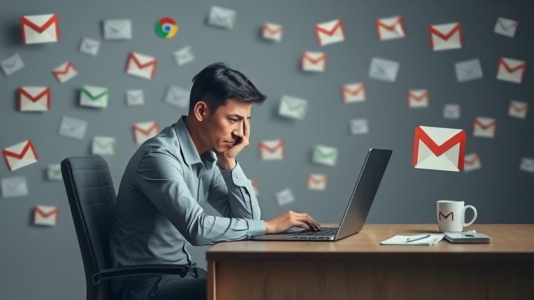 alt_text: Person at desk with "Account Deleted" on screen, surrounded by fading emails and contacts.