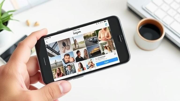 alt_text: Smartphone screen showing multiple photo upload on Instagram in a sleek workspace.