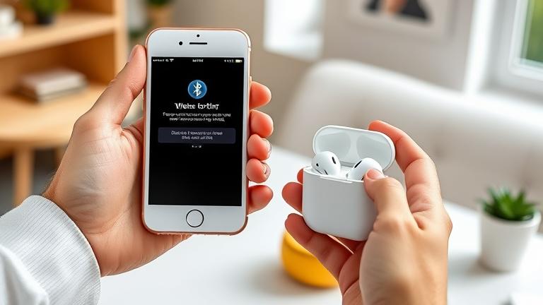 alt_text: Person connects AirPods to iPhone SE in a modern cozy setting, showing Bluetooth pairing.