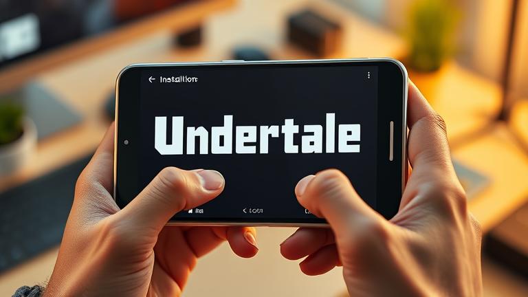 alt_text: Person installs Undertale on a smartphone in a casual, warmly lit tech setting.