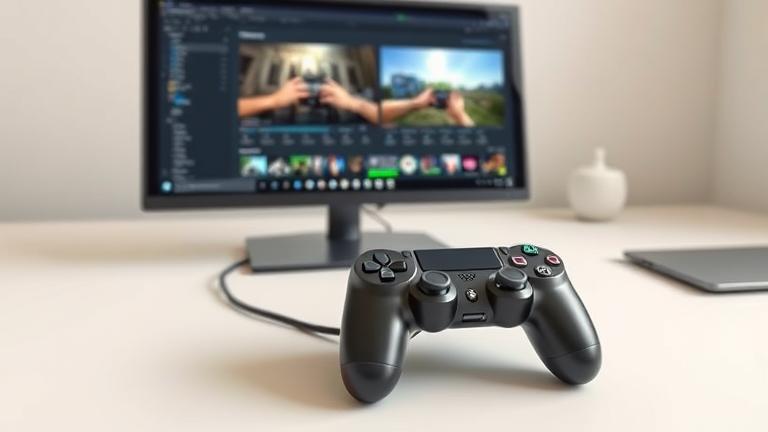 alt_text: PS4 connected to PC with controller, showing game clips on monitor for easy sharing.