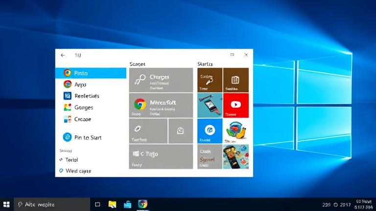 alt_text: Windows 10 desktop with an open start menu, showing pinning a website tile.