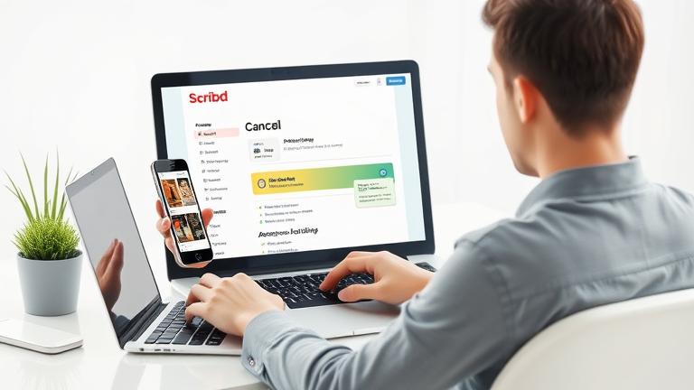 alt_text: User confidently cancels Scribd on device; modern background, digital subscription management.
