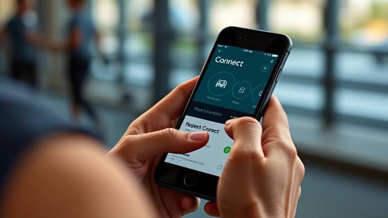 alt_text: Person using Garmin Connect app on smartphone in a fitness setting, highlighting interface details.