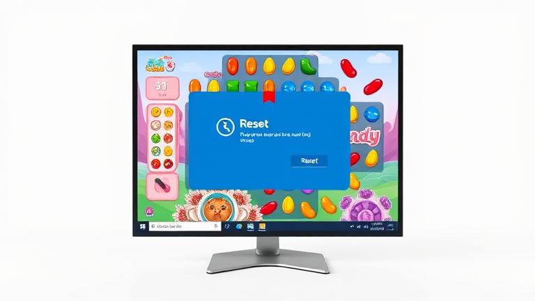 alt_text: Windows 10 desktop with Candy Crush open, colorful candies, and a reset option highlighted.