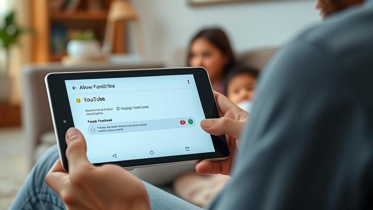 alt_text: Parent manages YouTube access for child via Google Family Link on tablet in cozy home.