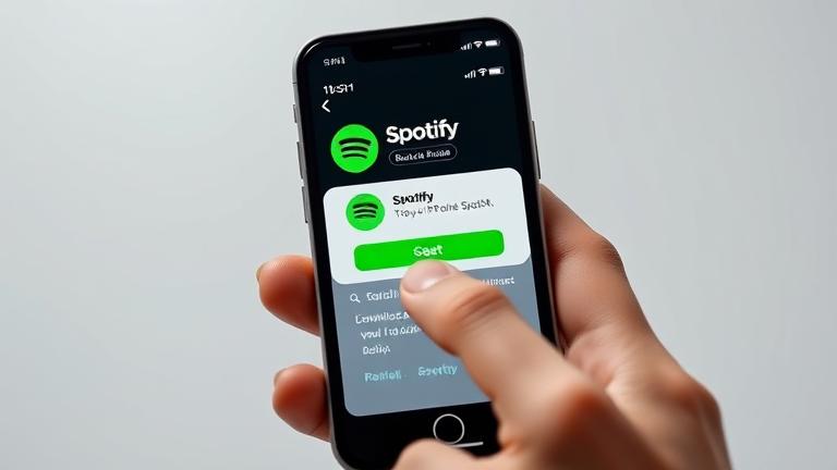 alt_text: iPhone downloading Spotify with the "Get" button, sleek design, modern background.