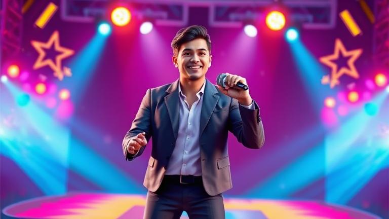 alt_text: Confident singer on stage with glowing mic, musical notes, XP bar, and vibrant colors.