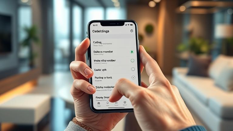 alt_text: Person managing their phone settings in a modern space, highlighting privacy and number removal.