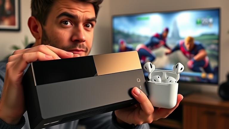 alt_text: Person with Xbox Series S and AirPods, gaming setup, highlighting wireless audio connection.