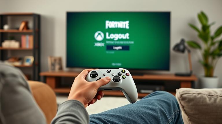 alt_text: Person on couch logging out of Fortnite on Xbox in modern living room.